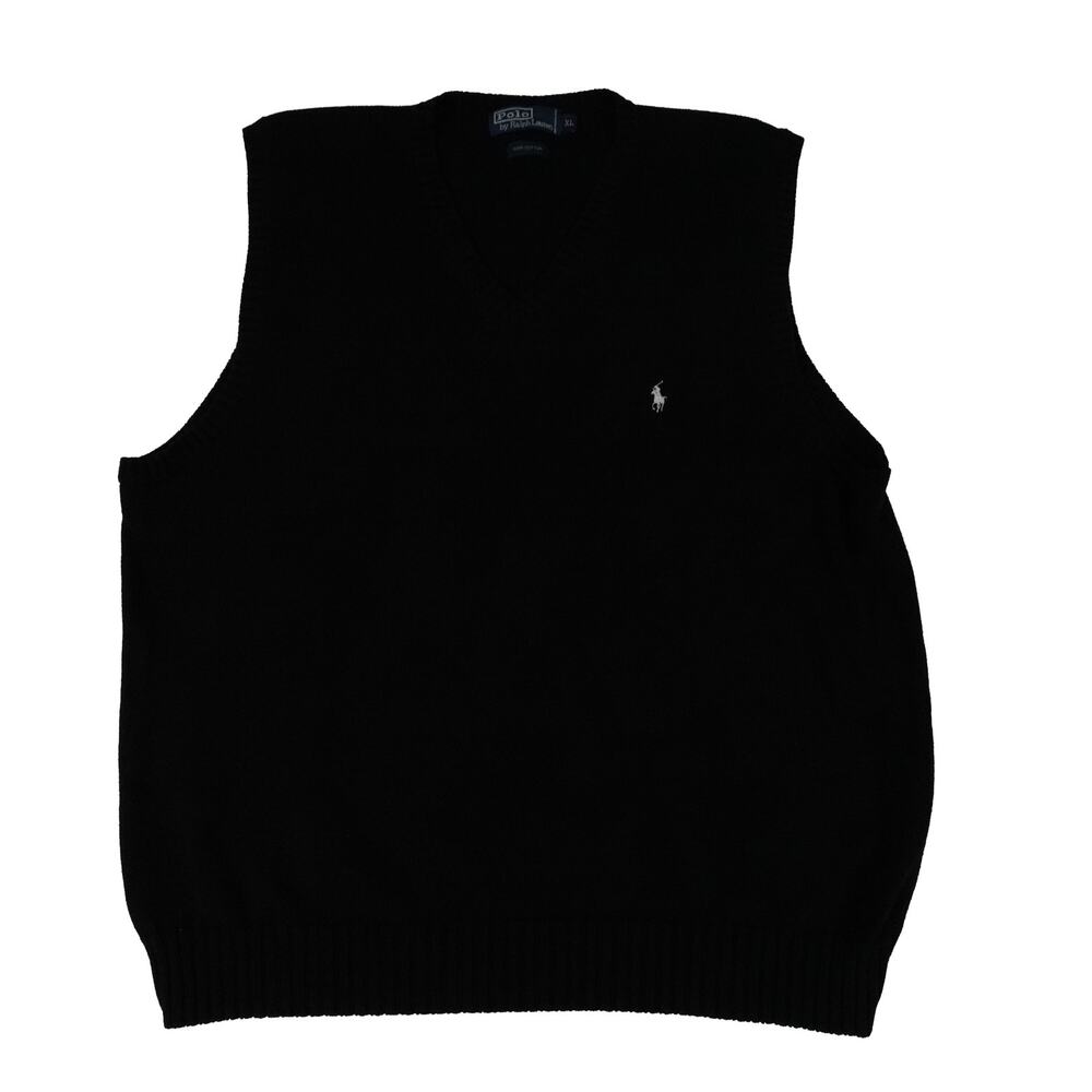 Ralph Lauren Vintage Knit Cotton V Neck Black White Pony Sweater Vest Men's XL